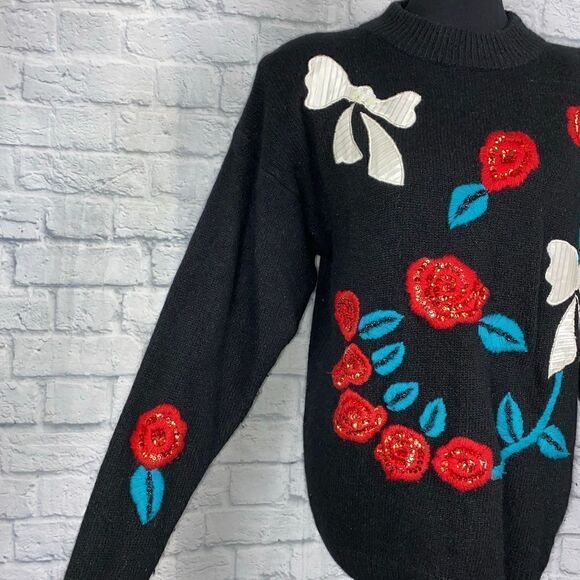 J.P. Val vintage 1980’s Longsleeve sequin accented flowers & bows sweater sz LG - Picture 4 of 11